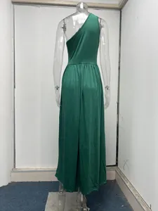 Back view of an elegant green one-shoulder sleeveless high waist split maxi dress