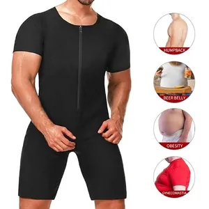 Men's black slimming sauna bodysuit with front zipper for tummy control and posture support.