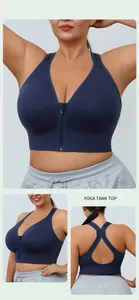 Detailed view of dark blue front zipper sports bra with high-impact racerback design