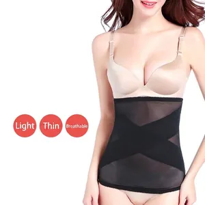 Detail view of a breathable mesh postpartum body shaper worn by an Asian model