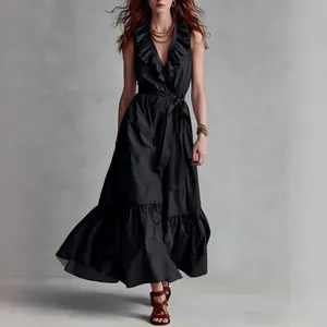Elegante vestido largo negro sin mangas con escote en V, volantes y cinturón de lazo