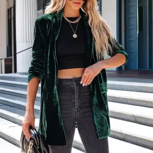 Elegant emerald green velvet long blazer with lapel for women, stylish autumn winter coat
