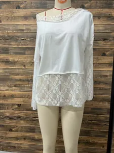 White bohemian lace long-sleeve T-shirt with elegant off-shoulder design