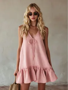 Vintage pink V-neck sleeveless ruffle mini dress with bow tie detail for vacation