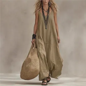 Loose sleeveless olive green bohemian maxi dress perfect for summer holiday casual wear.