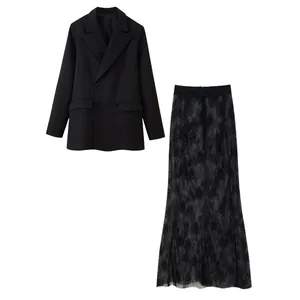 Elegant two-piece set featuring a black double-breasted blazer and a maxi black lace skirt
