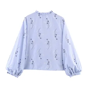 Achteraanzicht van een lichtblauwe damesblouse met verfijnde bloemenborduurmotieven