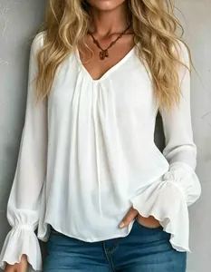 Elegant white V-neck pleated blouse with stylish flared cuffs for women's office wear