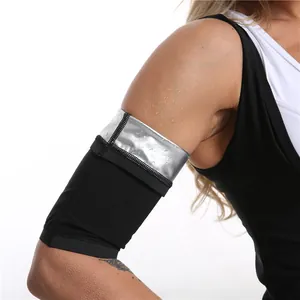 Close-up of black sauna arm trimmers with silver lining worn on arm with sweat droplets
