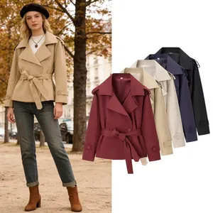 Detailed view of the belted short trench coat available in five stylish colors