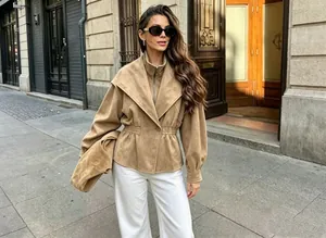 Vintage American style faux two-piece suede jacket in camel with waist-cinching design