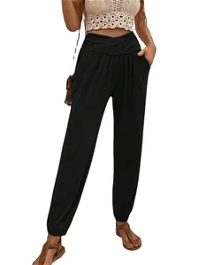 Women's high waist joggers with pockets, loose casual lounge pants in black fabric