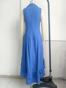 Back view of a blue retro sleeveless dress with a lapel collar and ruffled hem