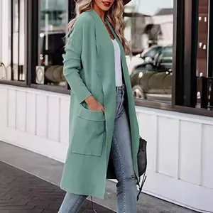 Women's plus size long sage green Roman cotton open cardigan coat with pockets