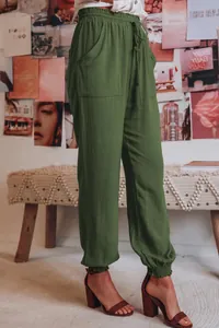 Olijfgroene casual harembroek voor dames met elastische tailleband en trekkoord