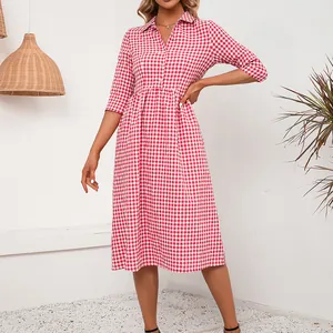 Elegante vestido camisero midi a cuadros vichy rojos y blancos con cuello de solapa