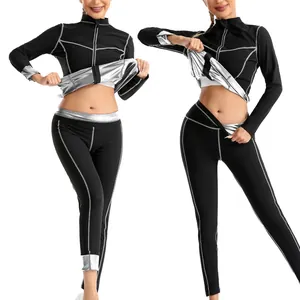Détail du survêtement de sauna noir pour femme avec doublure argentée et coutures