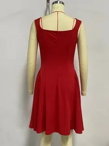 Detailed back view of a solid red sleeveless square-neck A-line dress on a mannequin