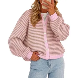 Casual pink striped knit cardigan sweater for women with round neck design.
