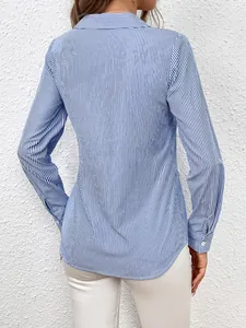 Detail view showing the back of a slim fit blue and white vertical striped shirt.