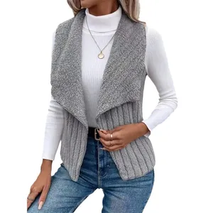 Casual grey sleeveless vest for women with textured collar and ribbed knit design