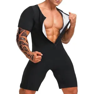 Men's black short-sleeved compression sweat bodysuit with front zipper for fitness training