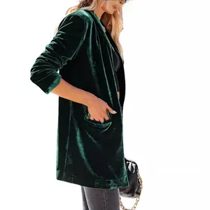 Elegant dark green velvet long sleeve blazer coat with lapels for women's autumn style.