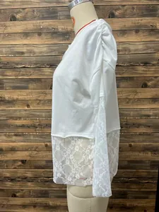 White Bohemian off-shoulder t-shirt with elegant lace sleeves and hem detail