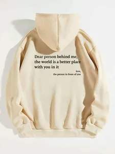 Back view of cream fleece hoodie featuring inspirational quote print in black letters