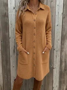 Full length view of a cozy ginger knit polo dress with buttons and front pockets