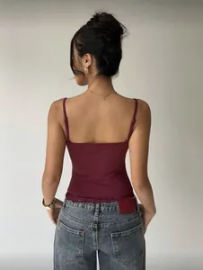 Back view of a slim-fit burgundy camisole with delicate lace trim detailing.