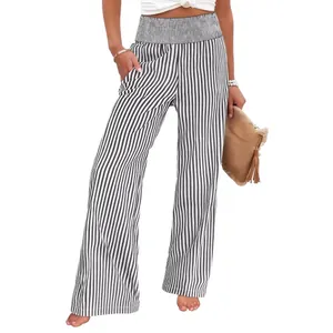 Women's vertical striped wide-leg pants with smocked high waist loose fit