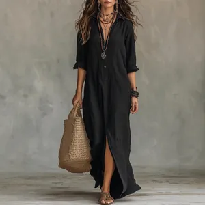 Women Casual Solid Color Lapel Front Slit Maxi Dress Bohemian Summer Short Sleeve Shirt Dress Vacation Long Robe Dress