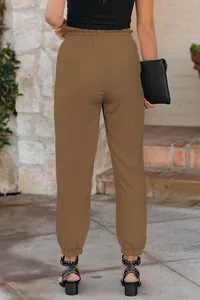 Back view of high-waisted brown jogger pants with elastic ankle cuffs for women