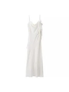 Women Elegant White Satin Maxi Dress Backless Cowl Neck Spaghetti Strap Ruffle Party Evening Long Polyester Satin Dress