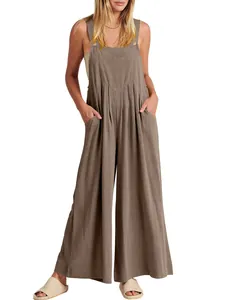 Casual loose-fit solid brown cotton linen wide-leg overalls jumpsuit for women