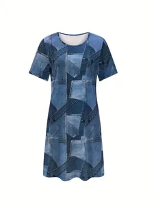 Detailed front view of women's faux denim patchwork print short sleeve t-shirt dress.