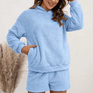 Cozy light blue fuzzy hooded sweatshirt and shorts two-piece loungewear set for women