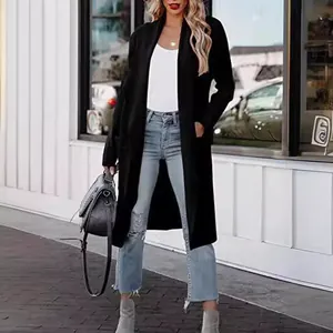 Elegant women's long black wool-like winter coat with open front design for streetwear