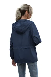 Back view of a women's navy blue lightweight hooded windbreaker zip rain jacket