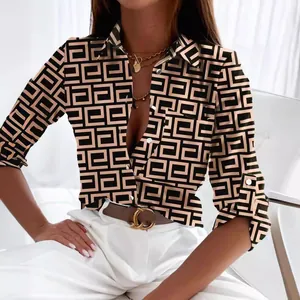 Elegante camicetta a maniche lunghe da donna con stampa geometrica e colletto classico