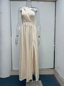 Front view of an elegant beige one-shoulder sleeveless maxi dress with a high side slit