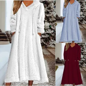 Robe Longue à Capuche en Polaire Décontractée pour Femmes Manches Longues Coupe Large Loungewear Avec Poches Polyester Doux Robe de Maison Chaude d'Hiver