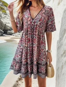 Böhmisches Minikleid mit Paisley-Muster und V-Ausschnitt für den Strandurlaub.