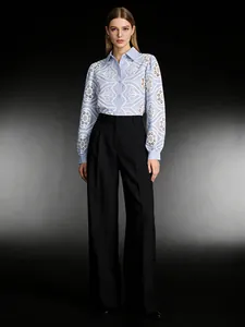 Elegant light blue long sleeve shirt for women featuring white floral embroidered hollow-out design