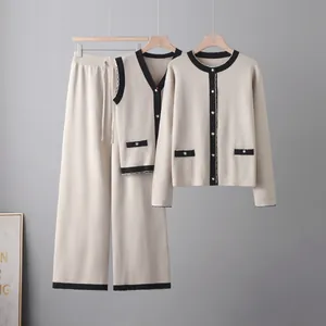 Tenue Décontractée Élégante pour Femmes Style Petit Parfum Cardigan Gilet Et Pantalon en Tricot avec Bordure Contrastée