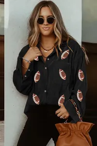 Schwarze Cordhemdjacke für Damen mit trendigem Football-Print für den Herbst