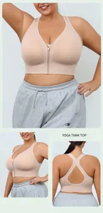 Front zipper wireless sports bra details with breathable back and high impact support.