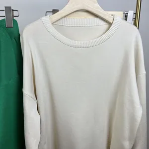 Detail of cream knit sweater neckline with fine ribbed texture in two-piece set