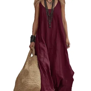 Elegant sleeveless burgundy bohemian maxi dress for summer resort and casual wear
